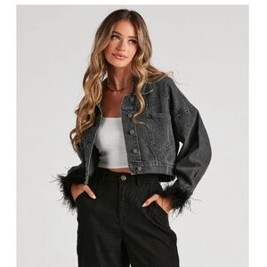 Here to Standout Marabou Denim Jean jacket with feathered cuffs